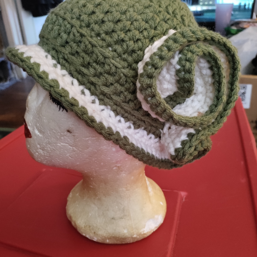 Hand Crafted Green and White Crochet Hat